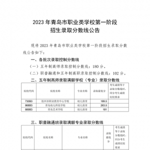 2023年青岛市职业类学校第一阶段招生录取分数线公布