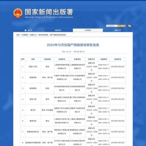 国家资讯出版署公布12月份国产网络游戏审批信息